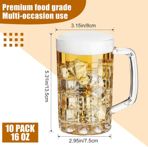 GUYUCOM Clear Plastic Beer Mug with Handles (16 oz, 10 Pcs)